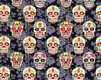 JOANN Day of the Dead Sugar Skull fabric on black and gray floral background - 100% cotton 62"x45"