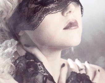 Sexy Black Lace Mask / pseudo Blindfold - handmade with double-faced black satin ribbon - Perfect for Halloween, masquerade balls, boudoir