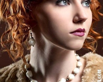 Chunky Mother Of Pearl Choker and earrings set in creamy white - Handmade, free ship