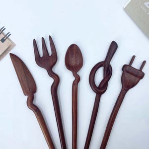 5Pcs Wooden Knife Fork Spoon Hairpin, Unique Knife Fork Spoon Wooden Hair Stick, Miniature Knife Fork Spoon Hairpin Wooden Hair Accessories