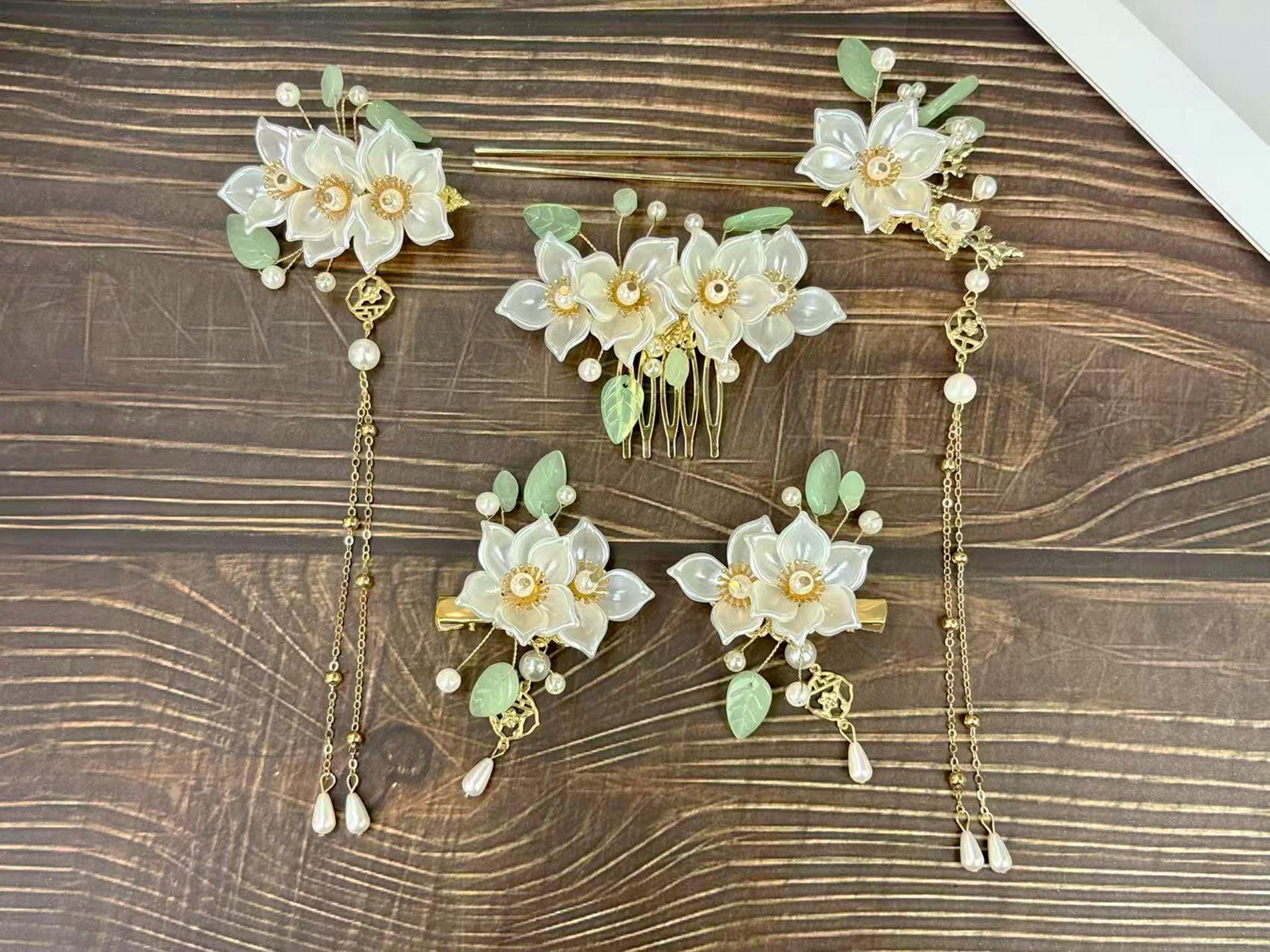 (2) Elegant Camellia Floral Design Decorative Pearl Gold Tone French Barrettes Floral Pearl Hair Clip Set: Camellia Wedding Hair Jewelry - Etsy main image 3