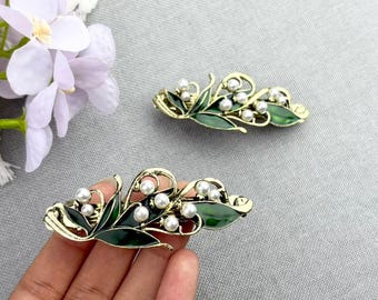 French Lily of the Valley Metal Hair Clip Green Pearl Hairpin, Metal Green Leaf Hair Clip Birthday Gift, Elegant Hair Accessory Gift for Her