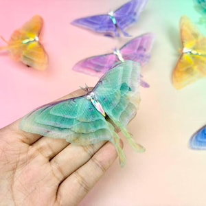 May include: A collection of colorful, translucent butterfly decorations in shades of blue, green, yellow, and purple. One butterfly rests on a hand, while others are scattered across a gradient pink and green background. The butterflies have delicate, layered wings.