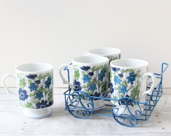 Flower Tea Mugs Homeway Classic White with Green Flower Mugs Vintage Style Stoneware Mugs 300ml Set of 2,Flower Coffee Mugs