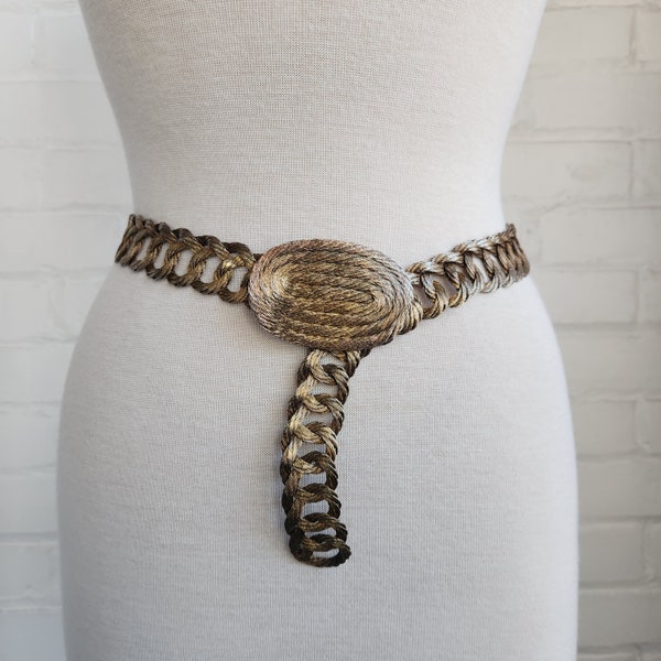 Vintage 70s 80s Gold Metal Braided Belt / Woven Adjustable High Low Belt