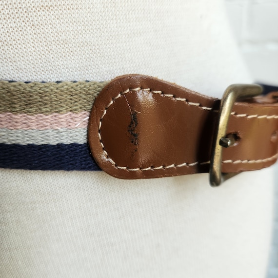 Vintage Canvas Leather Belt / Navy Blue Gray Pink… - image 4