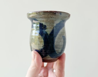 Vintage Stoneware Vase Cup Vessel / Small Handmade Stoneware Art Pottery Signed / Match Matchstick Holder