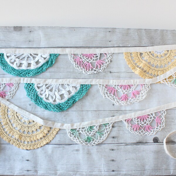 Handmade Doily Banner / Pastel Colorful Pink Green Yellow Doilies Garland / Wedding Bunting Penants / Vintage Baby Shower Party Decor