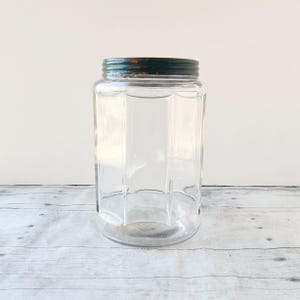 Vintage Clear Glass Octagon Jar with Painted Metal Lid / 7.25 Inch Tobacco Jar with Chippy Green Lid / Rustic Glass Storage