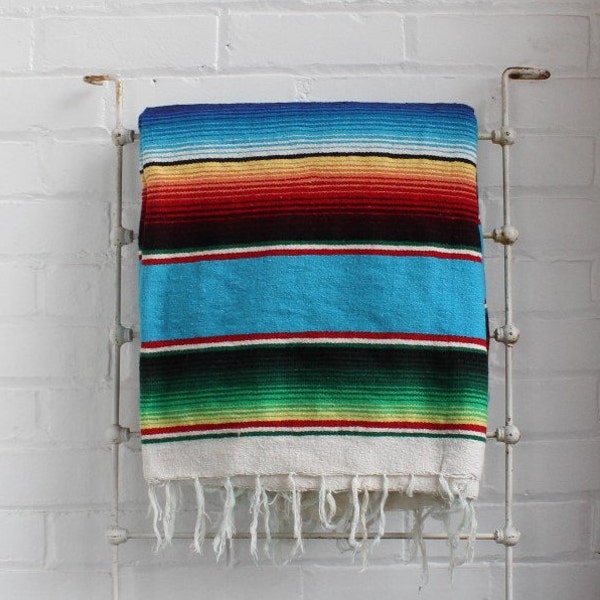 Vintage Mexican Serape Blanket 79" x 55" / Large Bright Striped Throw / Boho Style Fringe Rainbow Mexico / Picnic Blue Green Red Black