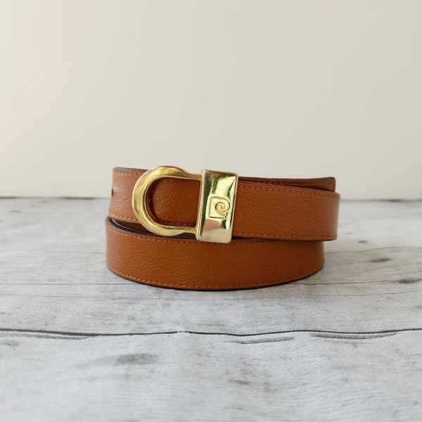 Vintage Pierre Cardin Brown Leather Belt Gold Buckle Size 38