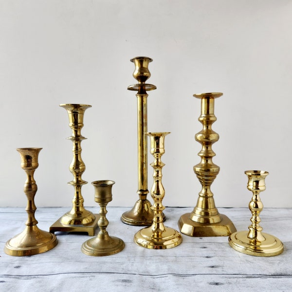 Set of 7 Mismatched Brass Candlesticks / Mid Century Elegant Candleholders Table Decor / Seven Wedding Party Candle Holders Candle Sticks
