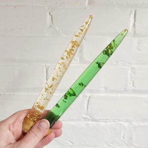 Vintage Lucite 8 Inch Candles set of 2 / Green Clear Gold Sparkle Foil Acrylic Taper Candles / Mid Century Modern Plastic Candles