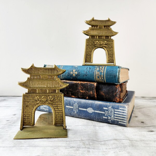 Vintage Brass Pagoda Bookends / Solid Brass Chinese China Asian Folding Bookends