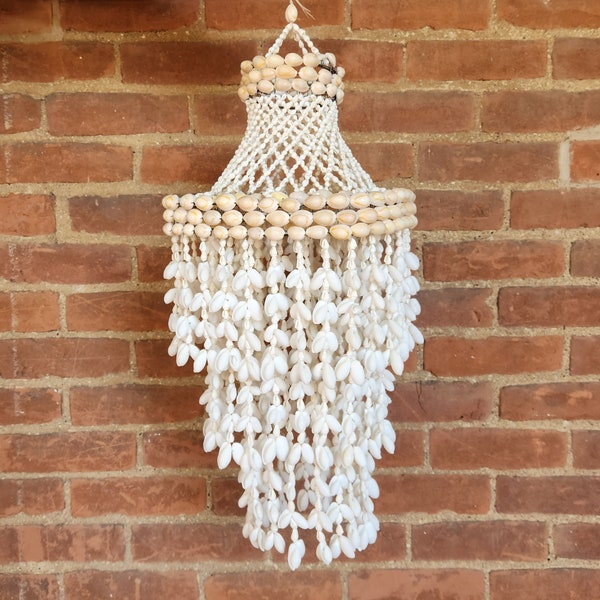 Vintage Shell Wind Chime Chandelier / Large Square Tiered Boho Mobile Tropical Coastal Decor 23 inches