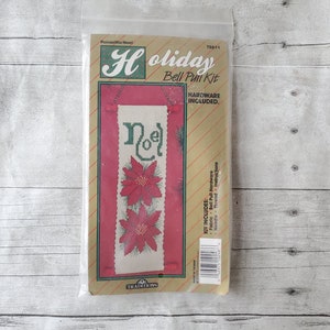 Vintage Small Cros Stitch Bell Pull Kit / Holiday Christmas Noel Poinsettia Embroidery Kit / Traditional Holiday Crosstitch Decor Kit