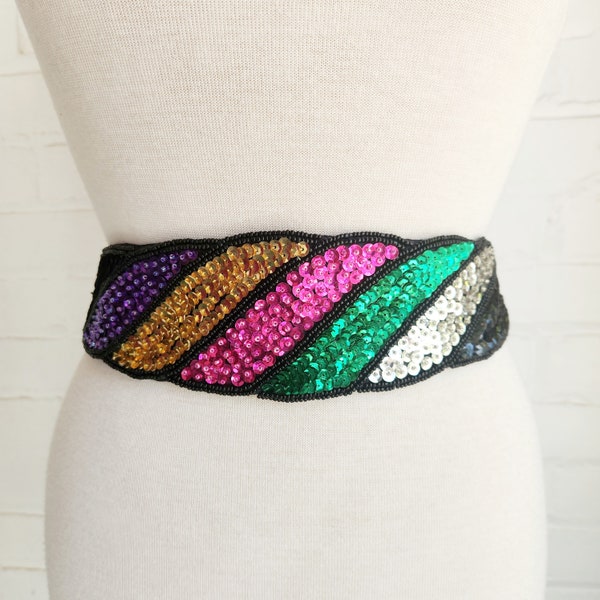 Vintage Bead and Sequin Women's Belt / Cumberbund Wide Belt / 70s 80s Black Purple Gold Green Silver Formal Statement Belt Medium Large