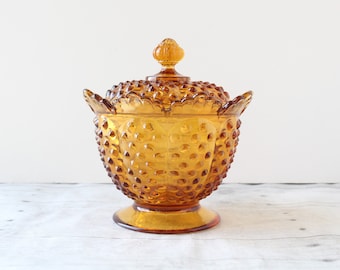 Vintage Fenton Hobnail Covered Dish / Amber Light Brown Glass Candy Dish / Pedestal Dish With Lid