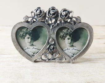 Vintage Heart Pewter Picture Frame / Small Silver Tabletop Double Heart Photo Frame / Victorian Style 90s Tiny Floral Frame