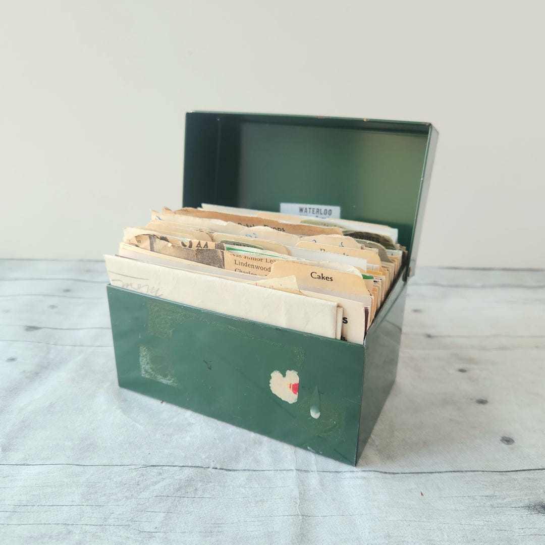 Vintage Recipe Box WITH RECIPES / Green Metal Rustic Recipe File Box ...