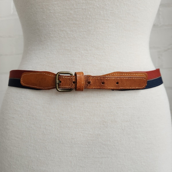 Vintage 1980s Canvas Leather Belt / Red Blue Brown Preppy Belt Medium Large