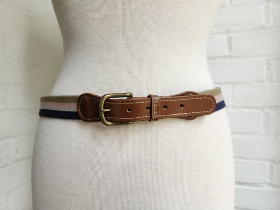 Vintage Canvas Leather Belt / Navy Blue Gray Pink… - image 3