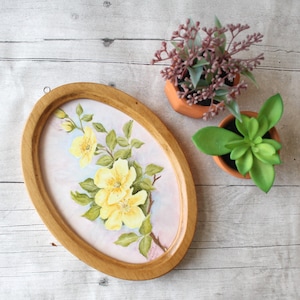 Vintage Original Oval Floral Painting / Hand Painted Flower Painting on Tile / Yellow Roses 1994 Betty Nordquist
