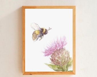 Bee Art Print Floral Watercolor Painting Bedroom Wall Art Gift For Mom Bumble Bee Art Home Decor Kitchen Wall Art Flower Painting