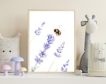 Bee on Lavender Watercolor Art Print Botanical Bedroom Decor