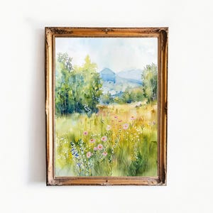 Mountain Meadow Watercolor Print: Floral Landscape Wall Art