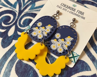 Blue and Yellow Daisy Flower Earrings