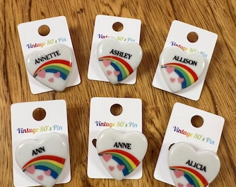Vintage 80s Heart Name Pin: Rainbow & Hearts - 'A' Names
