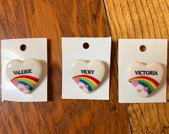Vintage 80s Heart Name Pin: Valerie, Vicky, Victoria