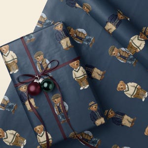 Preppy Bear Wrapping Paper | Cute Teddy Bear Pattern Sheet | Vintage Birthday Gift Wrap