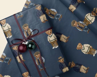 Preppy Bear Wrapping Paper | Cute Teddy Bear Pattern Sheet | Vintage Birthday Gift Wrap