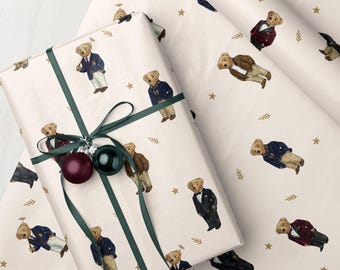 Preppy Bear Wrapping Paper | Teddy Bear Gift Wrap | Vintage Beige Dressed Bear Pattern Sheet