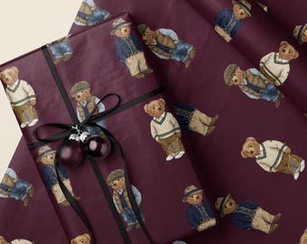 Preppy Bear Wrapping Paper - Vintage Teddy Bear Gift Wrap - Cute Dressed Bear Pattern Sheet