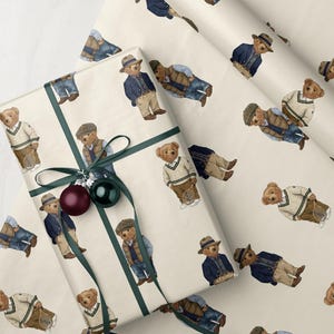 Preppy Bear Wrapping Paper | Vintage Teddy Bear Gift Wrap | Dressed Cute Bear Pattern Sheet