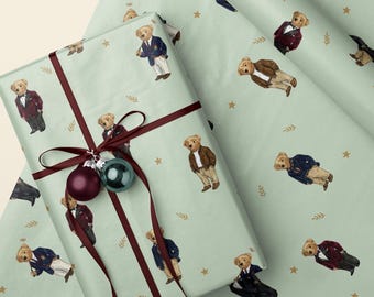 Preppy Bear Wrapping Paper | Vintage Teddy Bear Gift Wrap | Dressed Bear Pattern Sheet