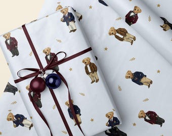 Preppy Bear Wrapping Paper | Teddy Bear Gift Wrap | Vintage Dusty Blue Dressed Pattern Sheet