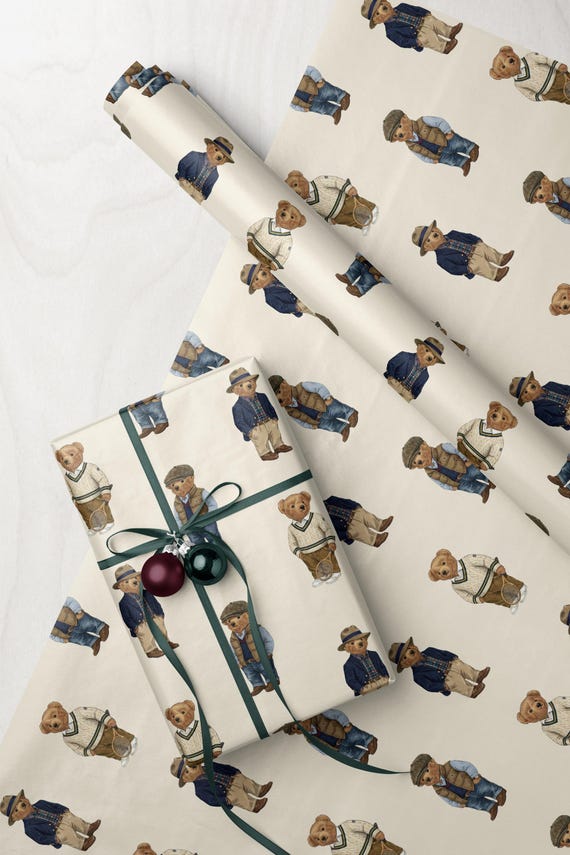Preppy Bear Wrapping Paper | Vintage Teddy Bear Gift Wrap | Dressed Cute Bear Pattern Sheet