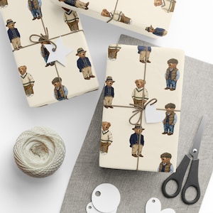 Preppy Bear Wrapping Paper | Vintage Teddy Bear Gift Wrap | Dressed Cute Bear Pattern Sheet image 4