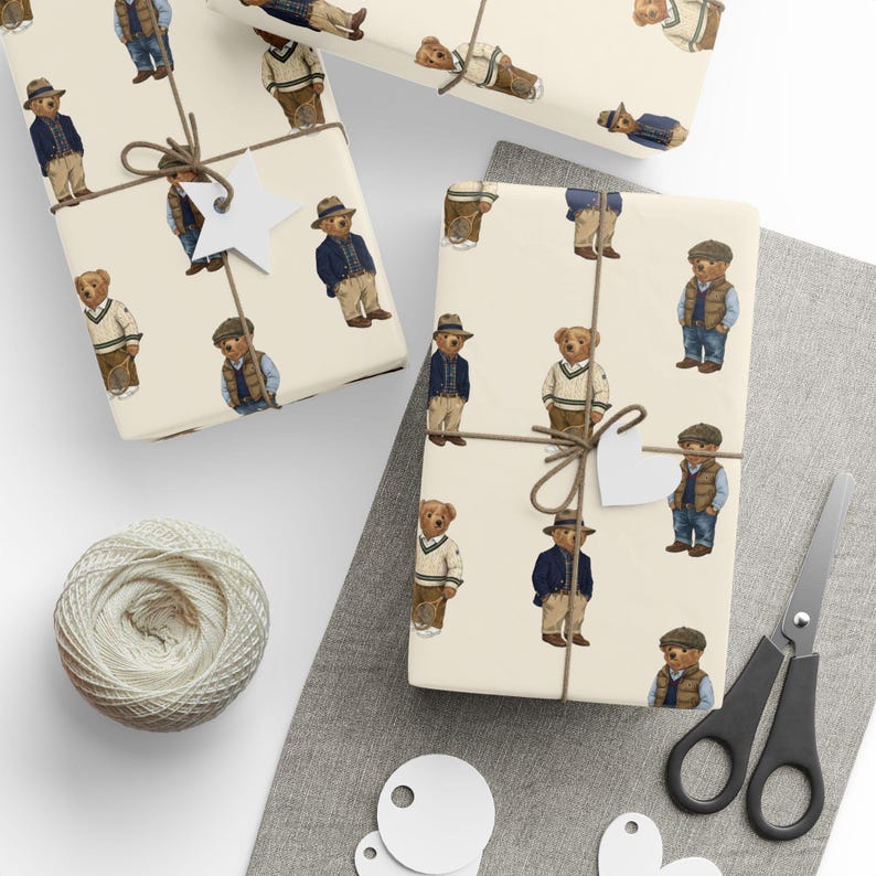 Preppy Bear Wrapping Paper | Vintage Teddy Bear Gift Wrap | Dressed Cute Bear Pattern Sheet image 4