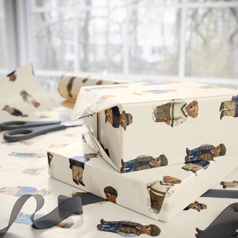 Preppy Bear Wrapping Paper | Vintage Teddy Bear Gift Wrap | Dressed Cute Bear Pattern Sheet image 6