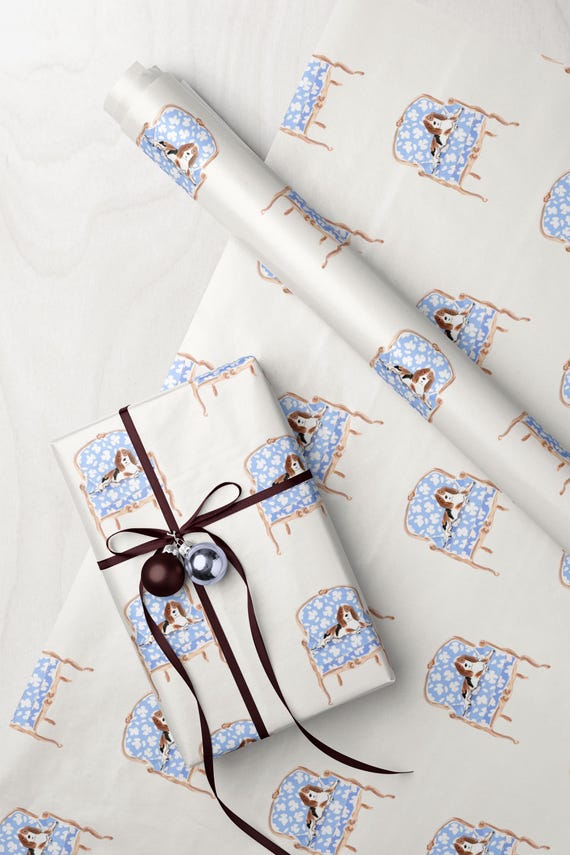 Preppy Dog Wrapping Paper | Dog Lover Gift Wrap | Cavalier Spaniel Pattern | Anniversary Birthday Paper