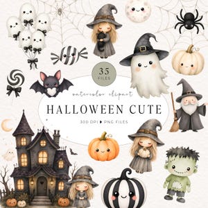 Halloween Clipart Bundle, Watercolor Halloween PNG, Cute Ghost Clipart, Witch Clipart, Pumpkin PNG, Halloween Party Printable Spooky Clipart