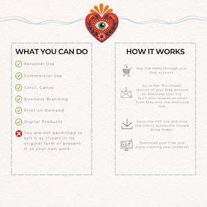 May include: An informational graphic featuring a red heart icon with an eye at the top. The text is divided into two columns titled WHAT YOU CAN DO and HOW IT WORKS, listing usage permissions with green checkmarks and a red X, plus download steps.