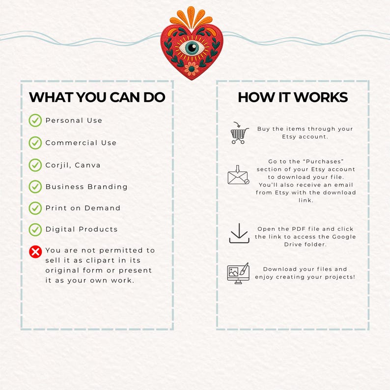 May include: An informational graphic featuring a red heart icon with an eye at the top. The text is divided into two columns titled WHAT YOU CAN DO and HOW IT WORKS, listing usage permissions with green checkmarks and a red X, plus download steps.