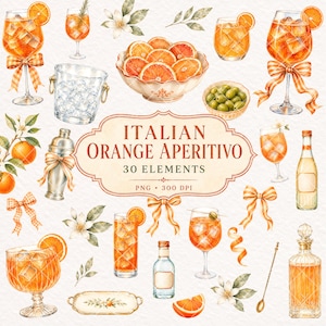 May include: A collection of watercolor illustrations featuring orange cocktails in various glasses, orange slices, a bowl of citrus, a bowl of olives, a cocktail shaker, bottles, ribbons, and floral elements with the text ITALIAN ORANGE APERITIVO 30 ELEMENTS PNG 300 DPI.