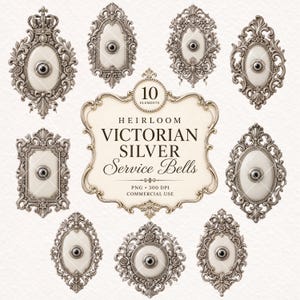 May include: A collection of ten ornate silver service bells with cream-colored centers and intricate metal scrollwork frames. The central text reads: 10 ELEMENTS HEIRLOOM VICTORIAN SILVER Service Bells PNG 300 DPI COMMERCIAL USE.